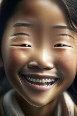 portrait of an asian girl 11 years old, smiling, cinematic photography, epic angle, hyper-realistic