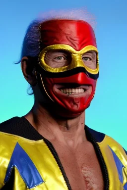 realistic image of joe biden as a mexican wrestling fighter posing, Mexican eyes wrestling mask, red and blue breeches, retro style, 80s, vibrant color, highly detailed, sky background, concept art, unreal engine 5, god rays, ray tracing, RTX, lumen lighting, ultra detail, volumetric lighting, 3d, finely drawn, high definition, high resolution.