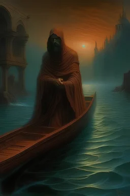 A hooded ferry man transports a soul across the river Styx, panoramic view,in the style Zvidslav Beksinski
