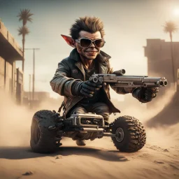 airbrush with pen outline, cool mad max pimp preacher gremlin holding automatic pistol, and jumping with a dune buggy against a wall wearing driver gloves, wearing flip down sun glasses, in the style of a fallout 4,bokeh like f/0.8, tilt-shift lens 8k, high detail, smooth render, down-light, unreal engine, prize winning