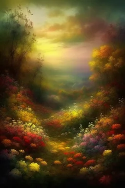 MAGIC fantasy, medieval painting, gloomy landscape surrounded by forests, dense thickets of flowers with brushes, impressionism style