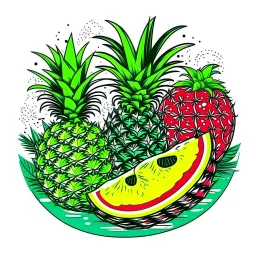 A tropical fruit platter with pineapple and watermelon slices, vibrant, refreshing, overhead lighting, T-shirt design graphic, vector, contour, white background