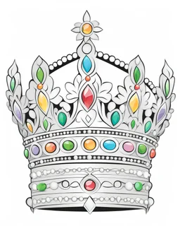 Illustration of a royal crown adorned with colorful gems and jewels for coloring.coloring pages simple, clear and crisp, line, high art, outlined in black,adults,background whiite ,coloring page, tender,simple ,kids,cute