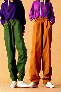 year 1998 women fashion. Loose, baggy, low waist Combat pants, t-shirt, new kind of hoodie with tippet! Colors: denim blue, blue, purple, cream, khaki, light green, lilac, plum, orange, terracotta, red, light yellow, lion yellow, pink, dark blue, beige. Lynx-pattern, Sturnus vulgaris-print. wide belt. Partly latex or leather. Kylie Minogue, Tyra Banks. leg warmer. Cargo pants and hoodie!