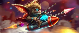 hairy macho gremlin teddy kobold living in a hi tech marvellous hot dog art graphics and gems on rocket with a mounted sling shot mega harpoon, heading for venus , background motion blur and smoke swirls