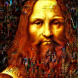 leonardo da vinci with computer. creating in photoshop. hyperdetailed, warm colors, movie poster, photoillustration, oil on canvas, lens flare