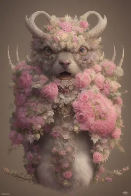 Victorian animal with pink flowers, in the style of Camilla d'Errico, hyper detailed, beautiful, complex, trending on artstation, cinema4d, cryengine, national geographic photo, chiaroscuro