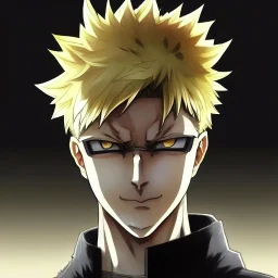 Detailed anime portrait of bakugo from my hero academia, gold hair and golden eyes, black suit, intricate details, full body portrait, keep head in frame, slight smile, black Japanese motif, concept art, highly detailed, digital painting, concept art, sharp focus, illustration, art by Yoji Shinkawa, WLOP and greg rutkowski and alphonse mucha and artgerm and yanjun Chen and Junji ito and Makoto Shinkai, HDR, octane render