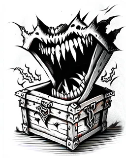 mimic treasure chest with teeth rpg art black and white sketch