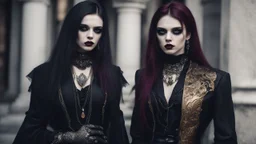 goth fashion, women and men in nice goth clothes and jewelry, black, silver, gold, burgundy fashion colors, High detailed, sharp focus, looking at the camera, cinematic, masterpiece, high realistic, fashion photo