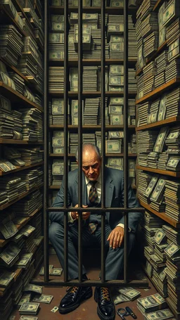 Bosch painting style nightmare, a rich man surrounded by a walls of money on the shelfs , sitting alone behind A prison bars