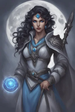 Drawing of a female Moonelf twilight cleric with black, curly, short hair and blue eyes, wearing gray robes. Etheral, muscular.