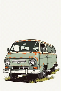 drawn of a rusty minivan in a 70's illustration style