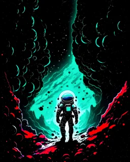 "Stranded in an eerie realm, a bewildered astronaut stumbles through a planet of deceptive magic. The once-glowing landscapes now loom with shadows, revealing twisted versions of reality. Hyper-detailed horrors emerge from the darkness, and the astronaut's space suit falters as it clashes with the malevolent enchantments. Amidst this clash of science and sinister sorcery, a struggle for survival unfolds, painting a picture of tension and despair."