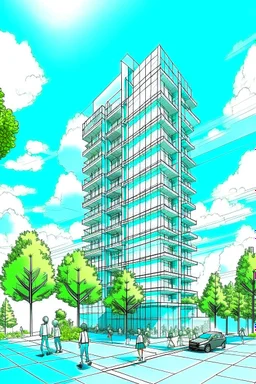 Dibujo arquitectónico de un edificio de cinco pisos, moderno, diseñado aplicando la proporción, estilo minimalista futurista, calidad ultra, gente, árboles, colores contrastantes, cielo con nubes pequeñas, 64k