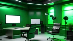 A virtual sports studio with green chroma, suitable for montage photography, a closed office at the bottom for interviews, with two chairs behind the desk.