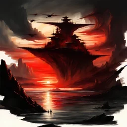 FLYING ISLANDS ON THE BACKGROUND OF A SCARLET SUNSET, dark tones, oil and pencils,, Raymond Swanland