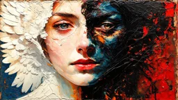 old worn postcard, Portrait Light and darkness in one person, angel and demon in one person, abstract art additional colors small details,