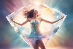 inside of a huge diamond a beautiful brunette woman dancing happily and dynamically, the diamond is in the opened palm of God, S<AI in sunshine, ethereal, cinematic postprocessing, shiny metallic pastel watercolor