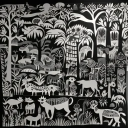 Gray woodlands with wolves, frogs, and centipedes designed in Javanese shadow puppets painted by Stuart Davis