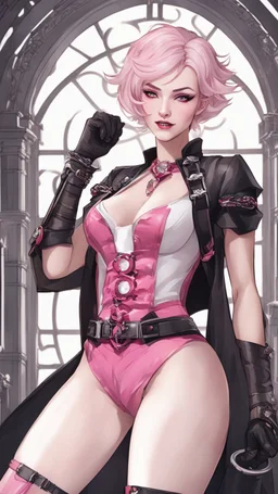 A close picture to blind vampire with white and pink short hair, slave, Tusks, malicious smile, Handcuffs, Weapon handcuffs in dreamshaper finetuned model with dynamic art style witg