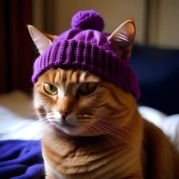 red cat wearing a purple hat