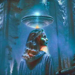 photo of a young woman in a dark forest looking at a UFO in the sky, martin scorsese style