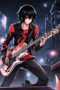 A 30 years old male guitarist playing guitar at a midnight concert, red creepy alien bug eyes, black hair, athletic build, correct hands, in the style of manga "Rosario+Vampire"