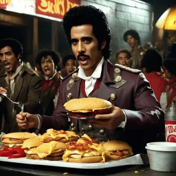 [photo from from Evil dead] Ray Santiago as Pablo Simon Bolivar aka El Cheffe, serving hamburgers made of Deadites pieces in a fast food, the demonic food