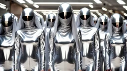 Hyperrealistisch dutzende Frauen völlig verhüllt von hermetischen silber glänzendem Ganzkörper-Zentai mit geschlossenem undurchsichtig verspiegeltem Visier in identischen silberfarbenen, geschlossenen Helmen marschieren in Reih und Glied eine Rampe hinunter