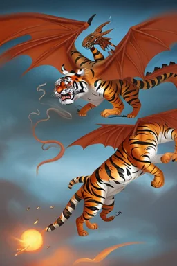 A flying tiger with wings is fighting with a dragon.