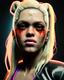 portrait, Shakira, blonde artist, angry, Realistic image, MMA robe, hoodie, mma gloves, band aid, loose long hair, eyes make up, line gold make up, glow, circle iris. moisture sweat, fog, Neon colors, leds. Dark background, photo studio, concept art, smooth, unreal engine 5, god lights, ray tracing, RTX, lumen lighting, ultra detail, volumetric lighting, 3d, finely drawn, high definition, 4k.