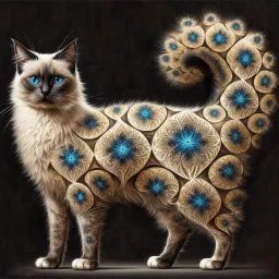 Create a painting of a standing full body blue eyed Siamese cat with fractal patterns in his coat. Bushy tail. Background black. Hyperrealistic.