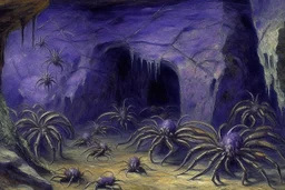 A purple catacombs with crawling spiders painted by Claude Monet