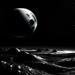 in space and black and white planet in the distance that looks like a moon