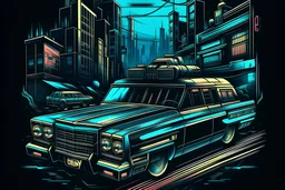 TSHIRT DESIGN, old 1952 GMC suburban cary all, WAGON,car in a cyberpunk city with a lot of light letters blade runner style