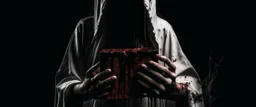 a faceless woman covered in blood holding up a black rectangular box