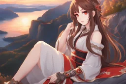 woman with long brown hair, red eyes, pale skin, highly detailed, intricate background, intricate face, sitting on a cliff during sunset, contemplative, anime style, Genshin Impact inspired, wears a Genshin Impact, pyro vision bracelet, dynamic composition