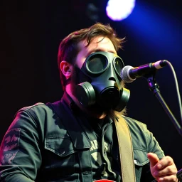 en skäggig motorcykelklubbs kille som försöker sjunga med en gasmask på en scen, gasmasker, dom kallar honom för babyface för att ser så barnslig ut