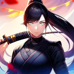 8k, high quality, detailed, beautiful lighting, vibrant colors, black long hair, vibrant white eyes, girl, ponytail, ninja, holding katana