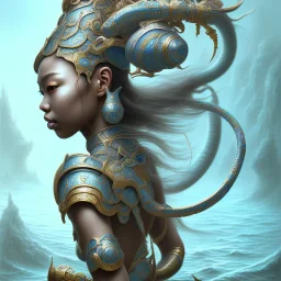 Sango fantasy, fantasy magic, intricate, sharp focus, illustration, highly detailed, digital painting, concept art, matte, art germ and Paul Lewin and Kehinde Wiley, masterpiece Japanese dancer head bronze eel' Asian African girl nice breast Thai hair turquoise silver blue under water