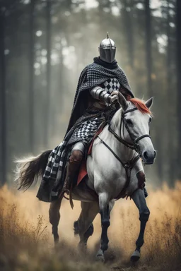 Medieval knight with a black and white checkered cape with a bright colored Lance riding a horse in the wilderness