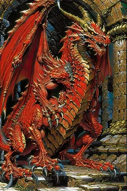 a huge red dragon guarding af treasure. style of Larry Elmore.