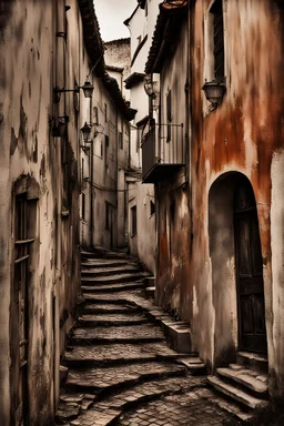 an old narrow and meandering stepped street in a picturesque town, steps are made of dirty old black and white (piano keyboards,:1.6) watercolor over photography, tint leak, ink leak, colors of rust and warm grey and dirt of age, aged peeling walls, sad vibe