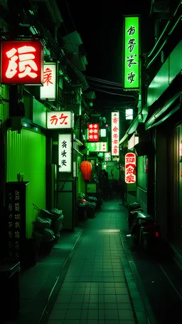 A black and green Japanese street with neon green signs