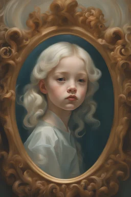 a little girl looking in a mirror glass, james jean aesthetic, baroque hair, inspired by Gottfried Helnwein, inquisitive. detailed expression, resembling a crown, white - blond hair, portrait of lolita, james jean and fenghua zhong, female investigator, realistic renaissance portrait