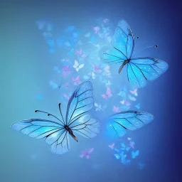 subtle transparent blue butterfly, light, galactic, subtle flowers