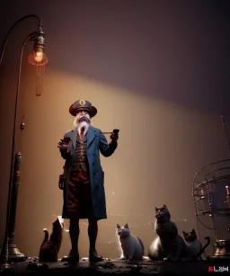 Surreal, steampunk, cabaret scene. Russian old man. Sweat, cats, Feather, smoking, happy, hot, color fog, people background, highly detailed, concept art, unreal engine 5, god rays, ray tracing, RTX, lumen lighting, ultra detail, volumetric lighting, 3d, finely drawn, high definition, high resolution.