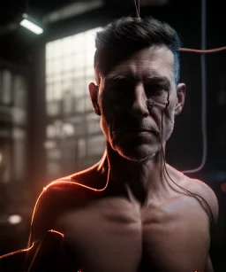 Ultra realistic photographic night portrait, cinematic, naked, young, all shaved, led lights <strong man> <hanging wires> many wires connected to the head <perfect pupil> <cyborg> <garage> <long shot view> <sci-fi futuristic> <thriller>, fog, soft color, highly detailed, unreal engine 5, ray tracing, RTX, lumen lighting, ultra detail, volumetric lighting, high definition.