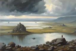 Cloudy day, distant city, lake, rocks, 2000's sci-fi movies influence, friedrich eckenfelder, and pieter franciscus dierckx impressionism paintings